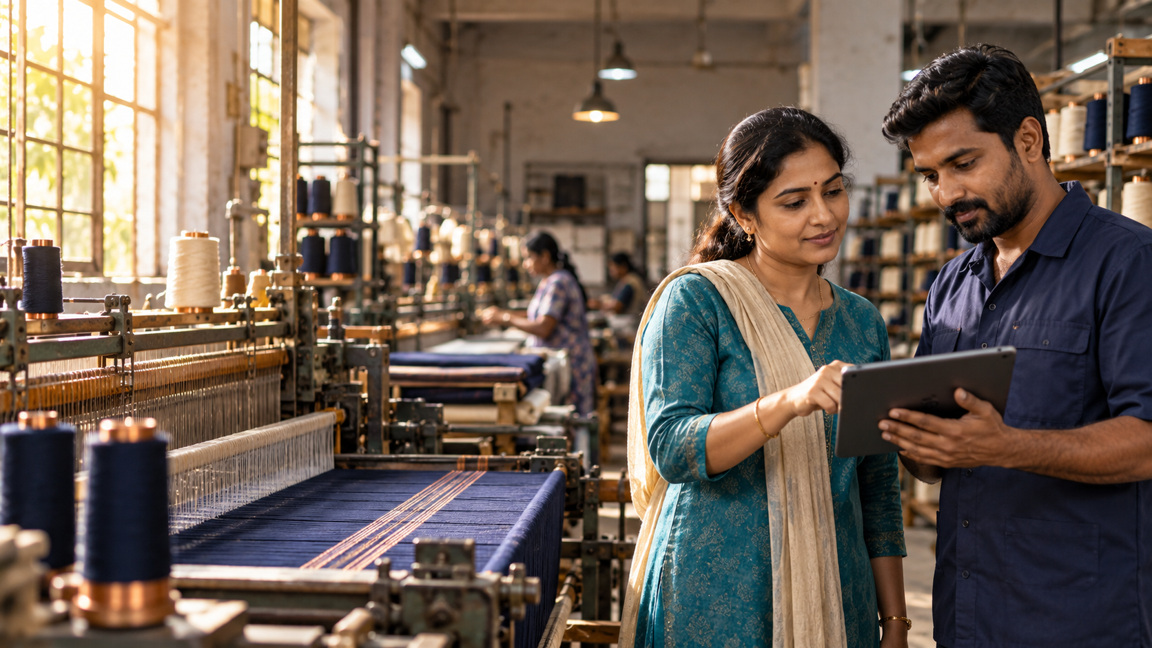 Indian textile business owner and technician reviewing work in a manufacturing workshop